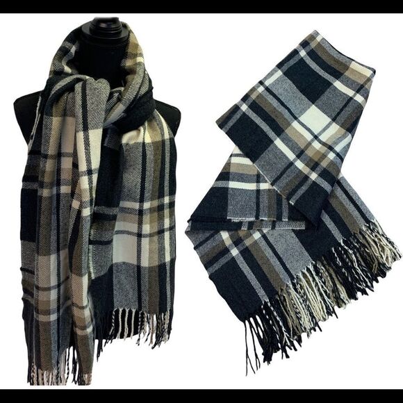 Black gray ivory brown plaid check warm soft fall winter unisex blanket scarf 💥